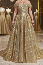 Ball Gown Off-the-Shoulder Sweep Train Sequins Semi Formal Prom Dresses With Lace